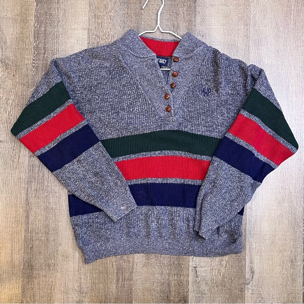 Lands' End Women's V-Neck Sweater - Gray with Red, Green, and Blue Stripes